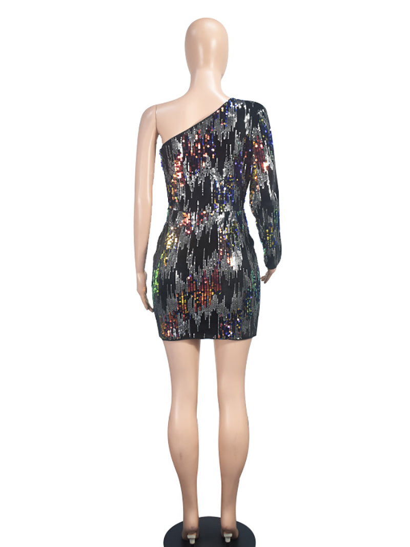 Sexy One Shoulder Cut Out Sequin Mini Dress