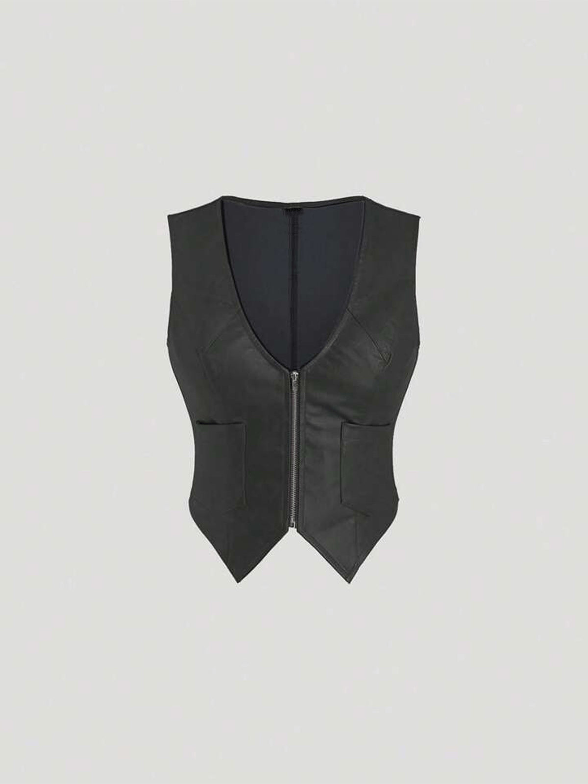 Faux Leather V-neck Solid Zipper Blazer Crop Vest