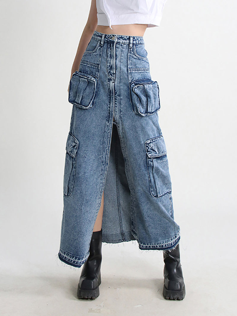 Casual High Waist Denim Cargo Skirt