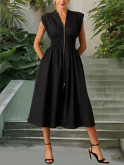 Fashion V-neck Sleeveless Front-Zip Cinched Waist Dress