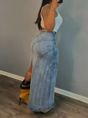 Fashion High Waist Side Slit Denim Skirt