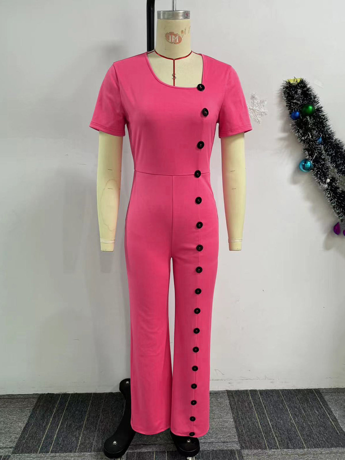 Irregular Neckline Slim Waist Button Wide Leg Jumpsuit