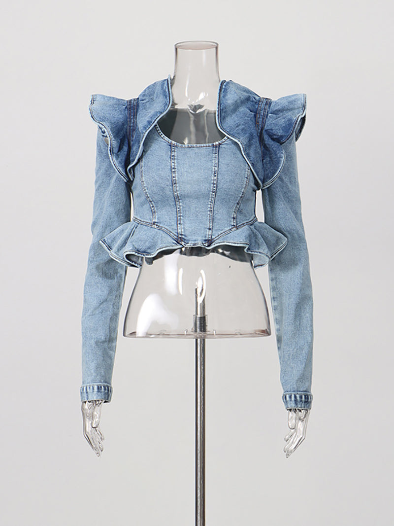 Fashion Ruffles Hem Cropped Denim Jacket