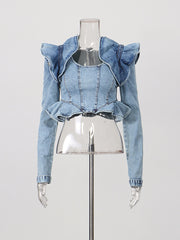Fashion Ruffles Hem Cropped Denim Jacket