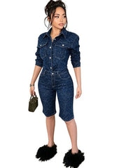 Patterned Denim Jacket and Bermuda Shorts Set