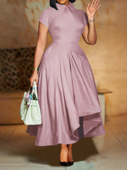 Solid Color Patchwork Ruched O Neck A Line Dress