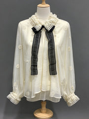 Bow Neck Embroidered Sheer Blouse-boutique