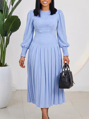Puff Sleeve Pleated High Waist Midi Dress
