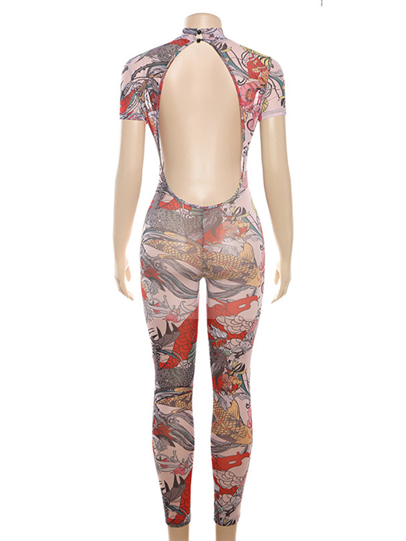 Sexy Print See Through Mesh Bodycon Jumpsuit