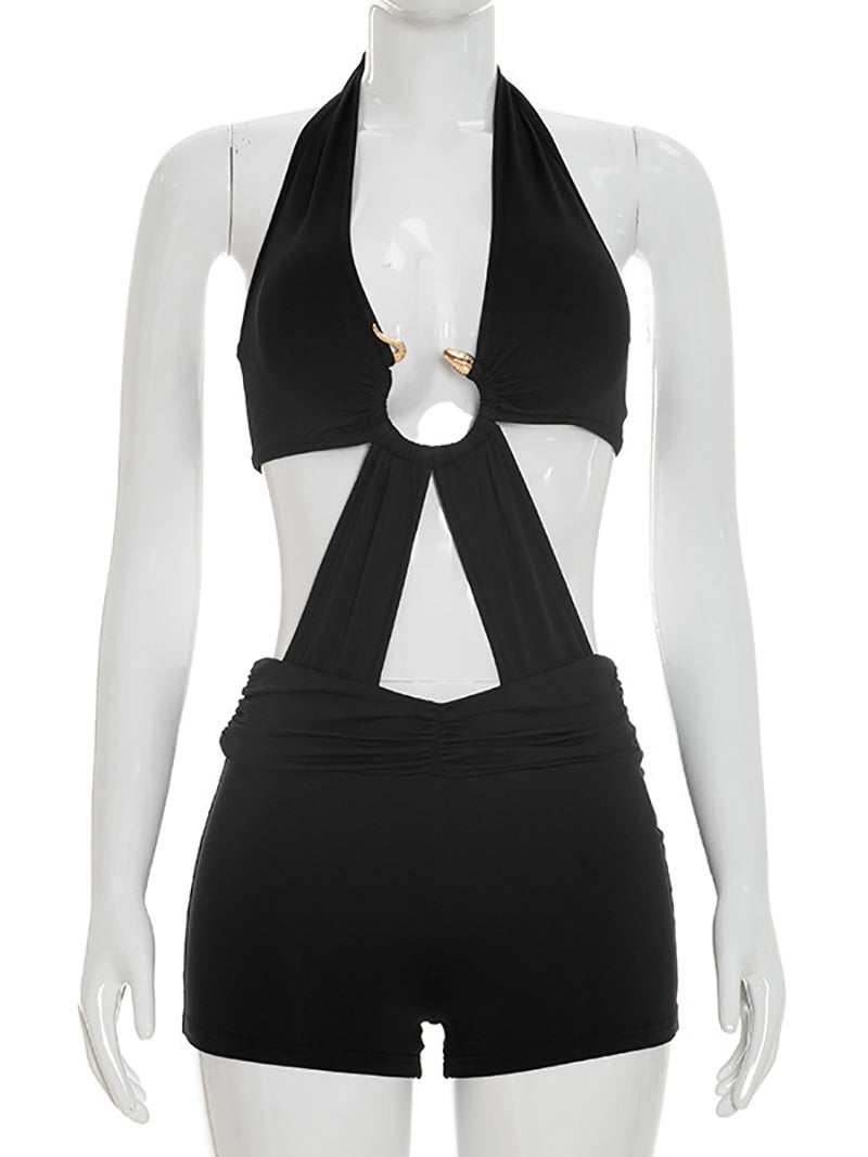 Sexy Halter O-ring Lace-Up Cut-out Backless Romper
