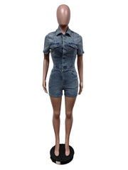 Lapel Short Sleeve Denim Slim If Romper