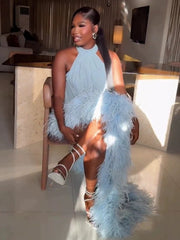 Feather Trim Halter Asymmetric Maxi Dress