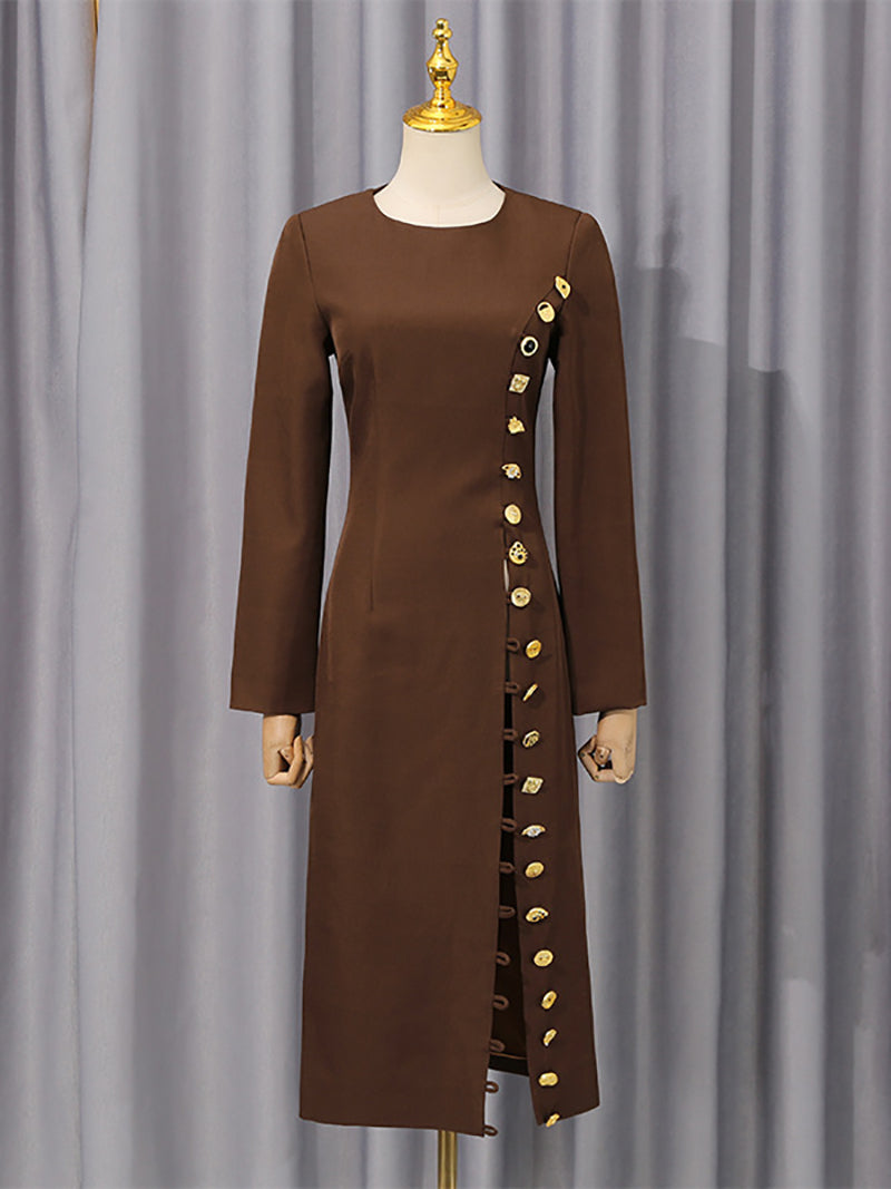 Solid Slimming Spliced Metal Side Button Fashion Dress