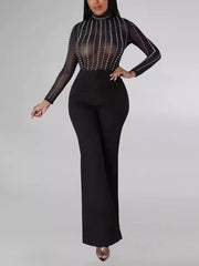 Sexy Rhinestone See-through Tops Wide Leg Pants Sets