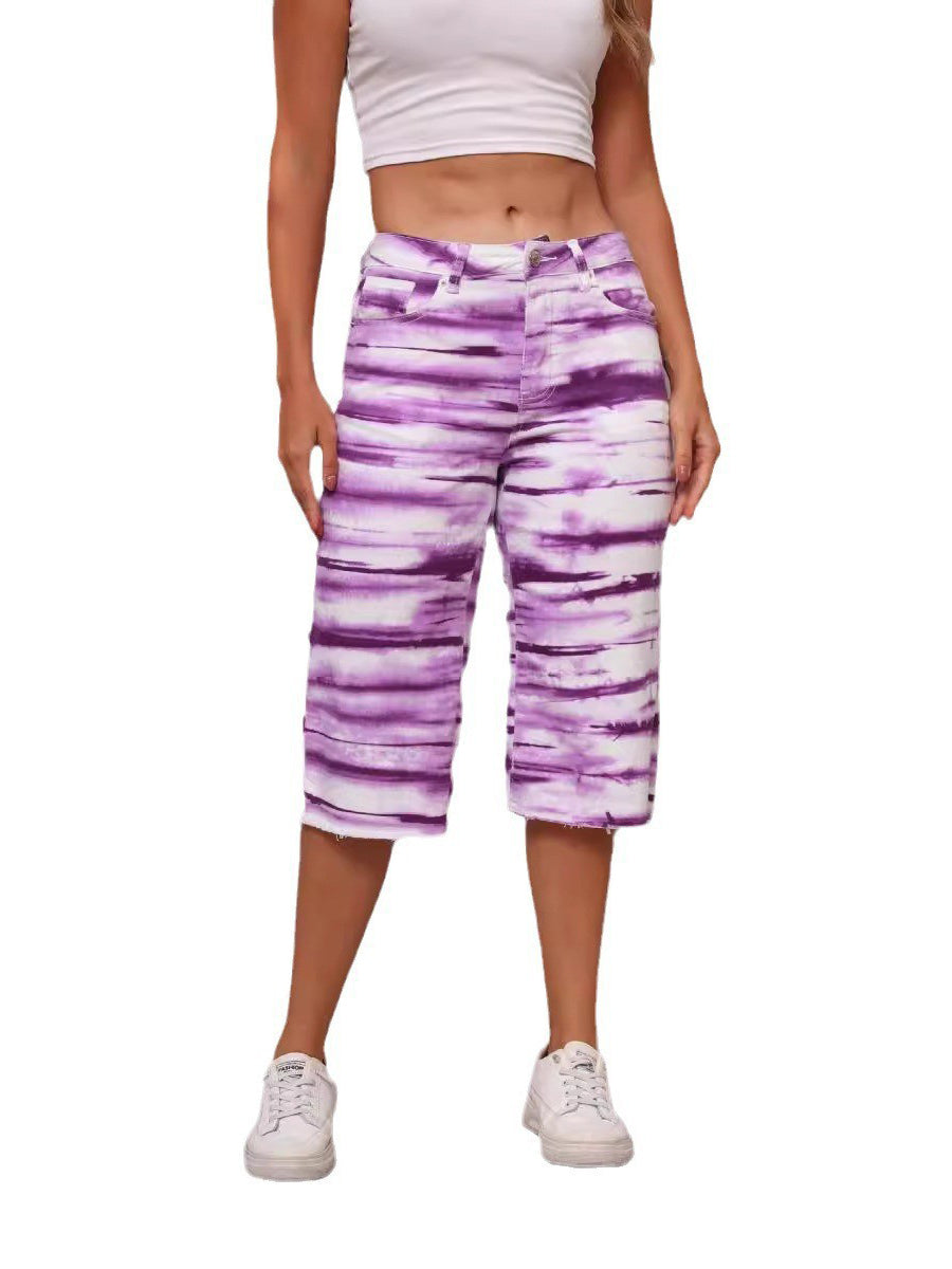 Tie Dye Stretch Ripped Denim Cropped Pants