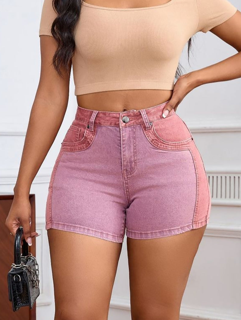 Contrast Color Patchwork Stretch Denim Shorts