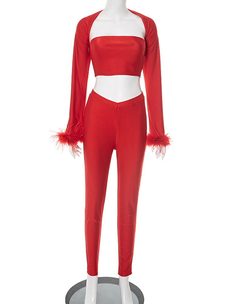 Sexy Feather Cropped Top Skinny Pants Club Sets
