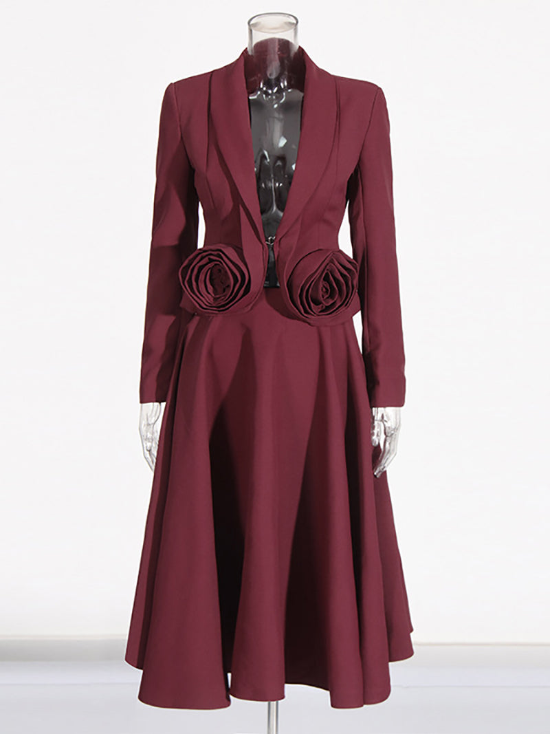 Elegant Floral Applique Blazer and Midi Skirt Sets