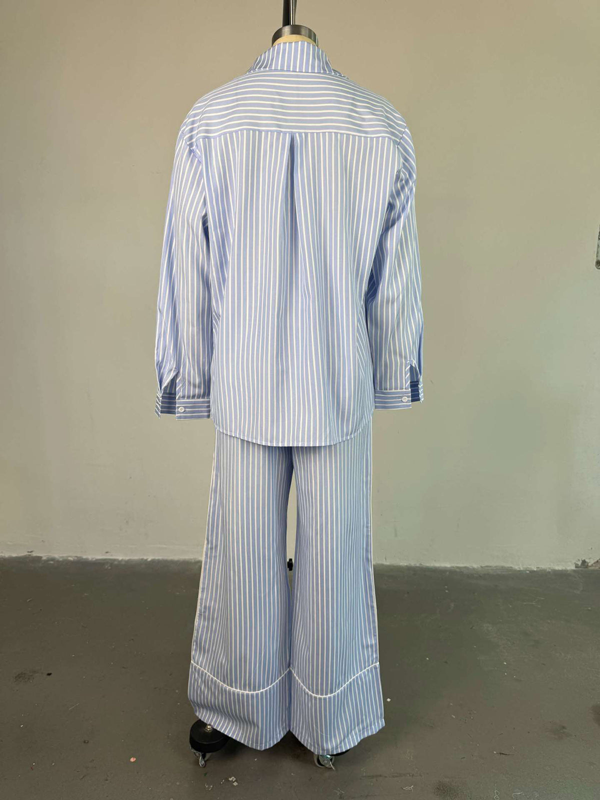 Casual Lapel Loose Stripe Shirt Wide Leg Pants Set