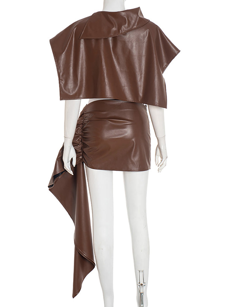 Faux Leather Crop Top and Package Hip Skirt Sets