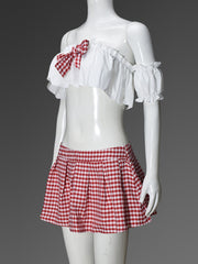 Cute Sexy Bow Strapless Top Plaid Pleated Skirt Sets