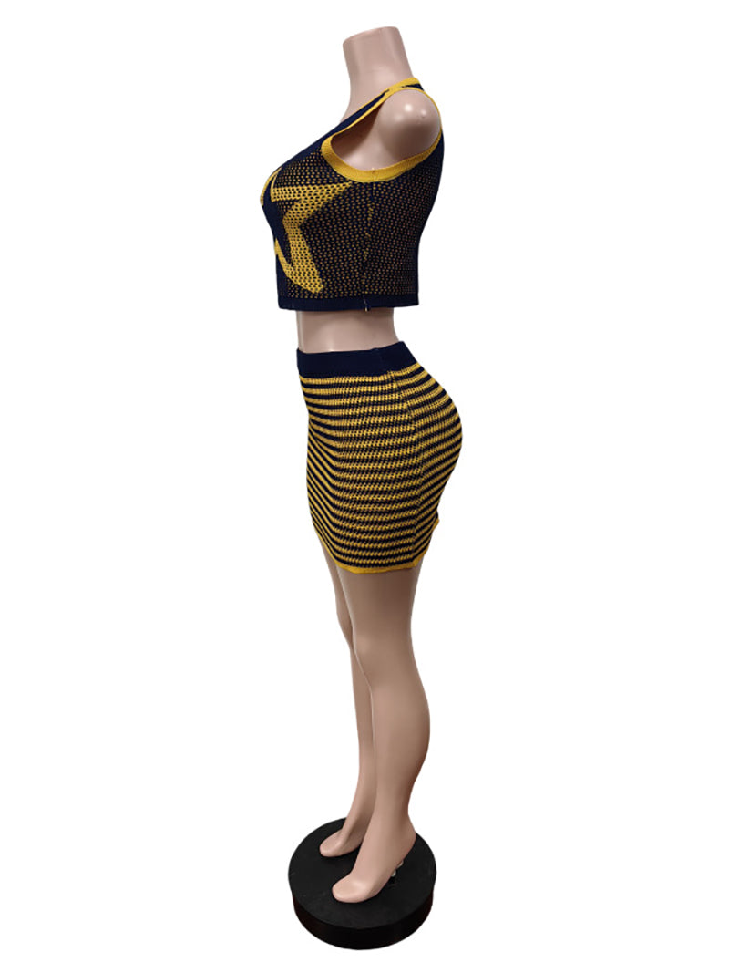 Sexy Knit Geometric Contrast Color Vest Skirt Sets