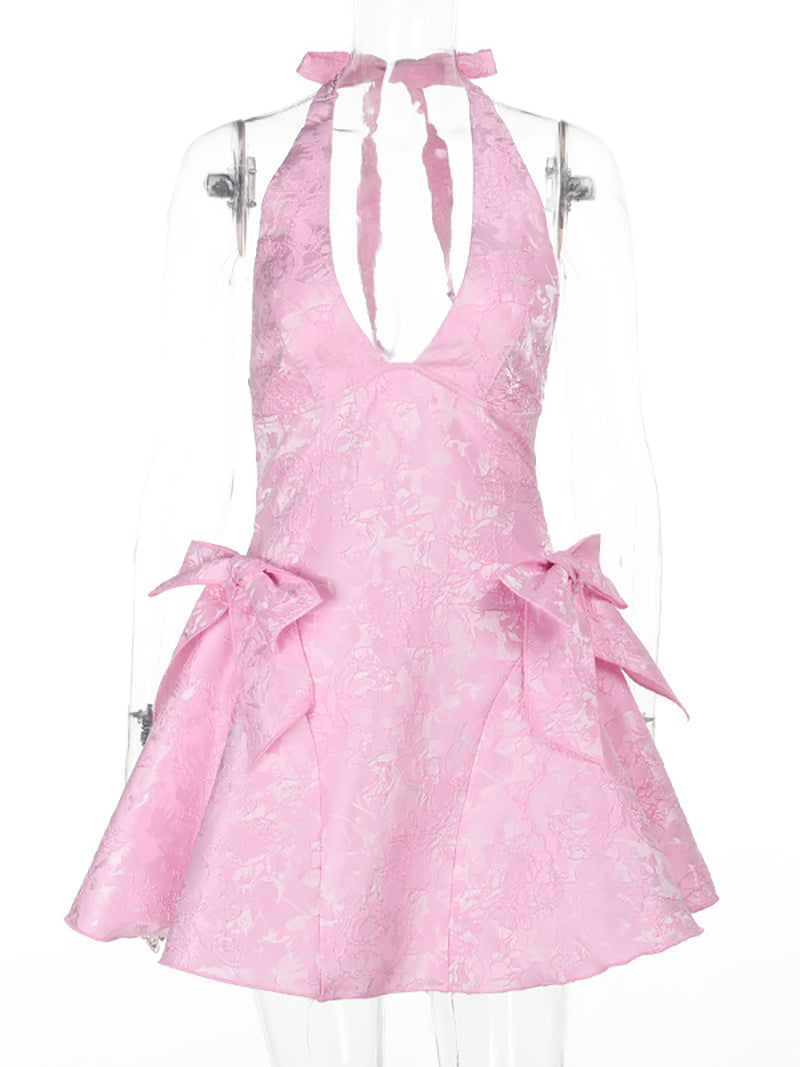 Sexy Jacquard Bow Deep V Halter Mini Dress