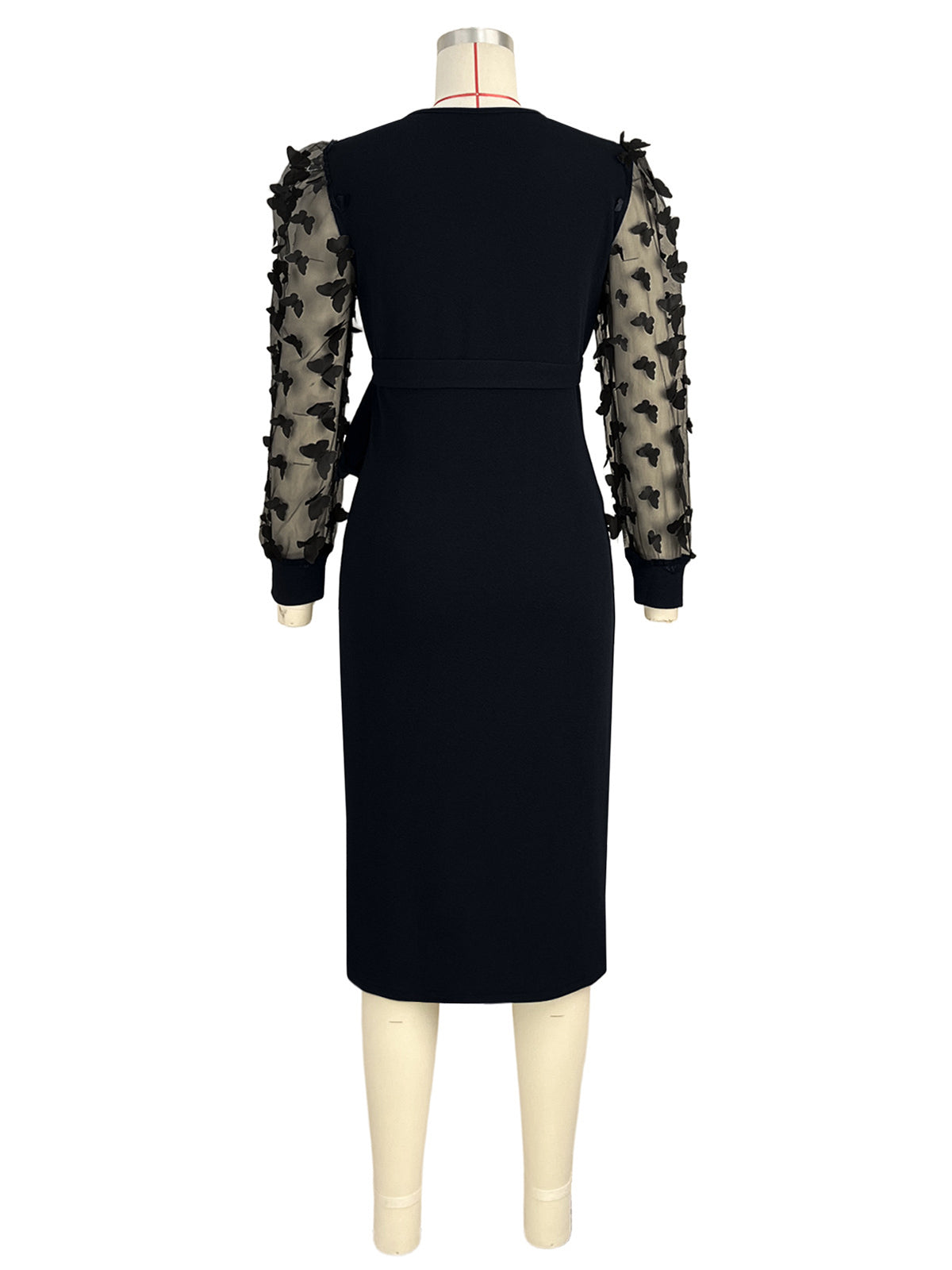 Elegant Butterfly Mesh Sleeve Tie Up V-Neck Dress