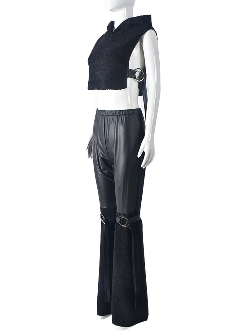 Fashion Hooded Sleeveless Tops PU Leather Pants Set