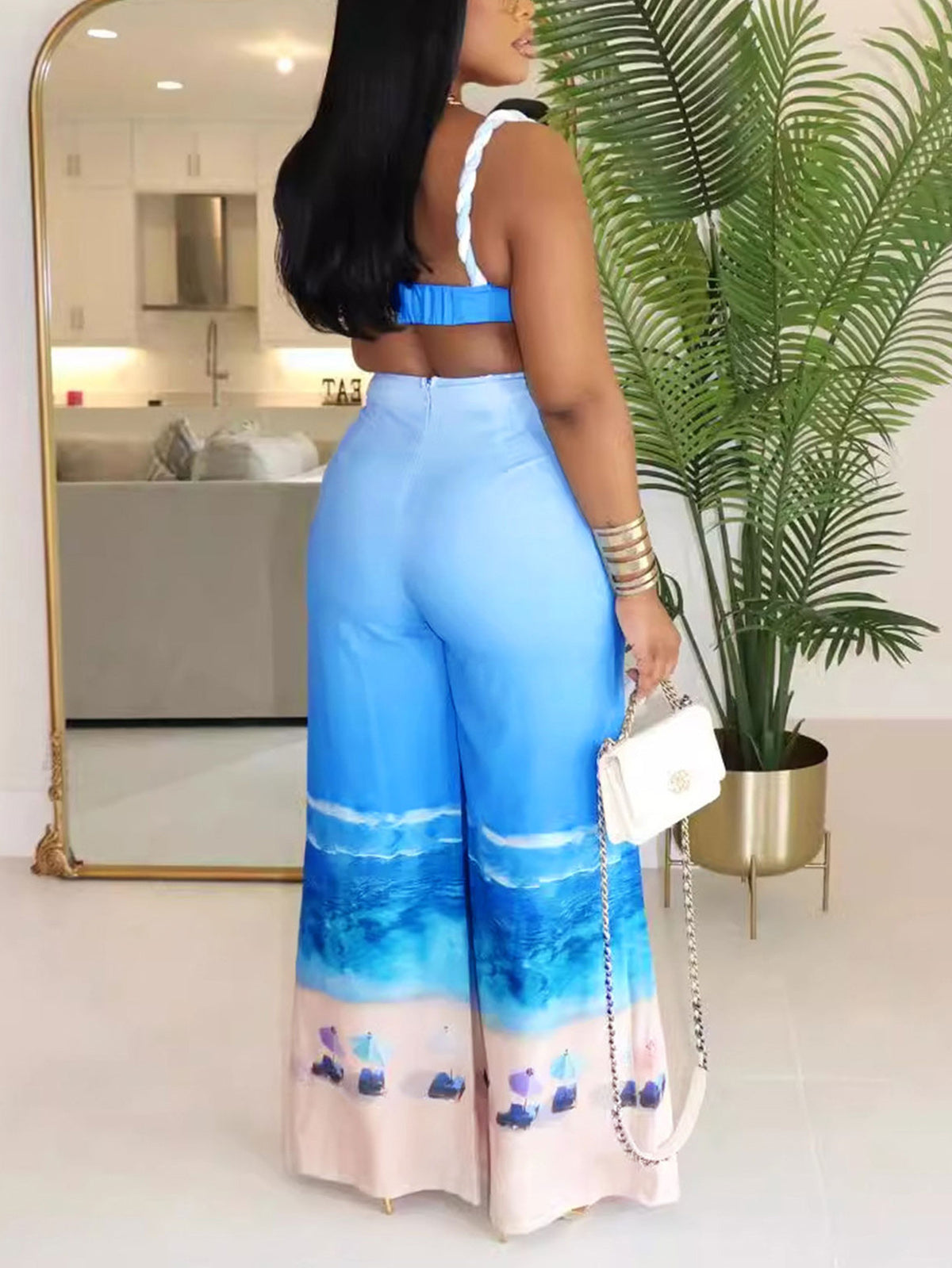 Casual Print Crop Top and Wide Leg Pants Vacation Sets