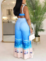 Casual Print Crop Top and Wide Leg Pants Vacation Sets