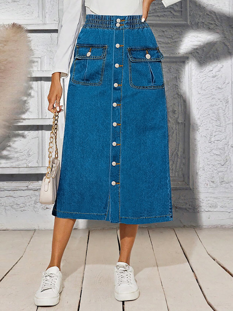 High Waist Button Fly Flap Detail Denim Skirt