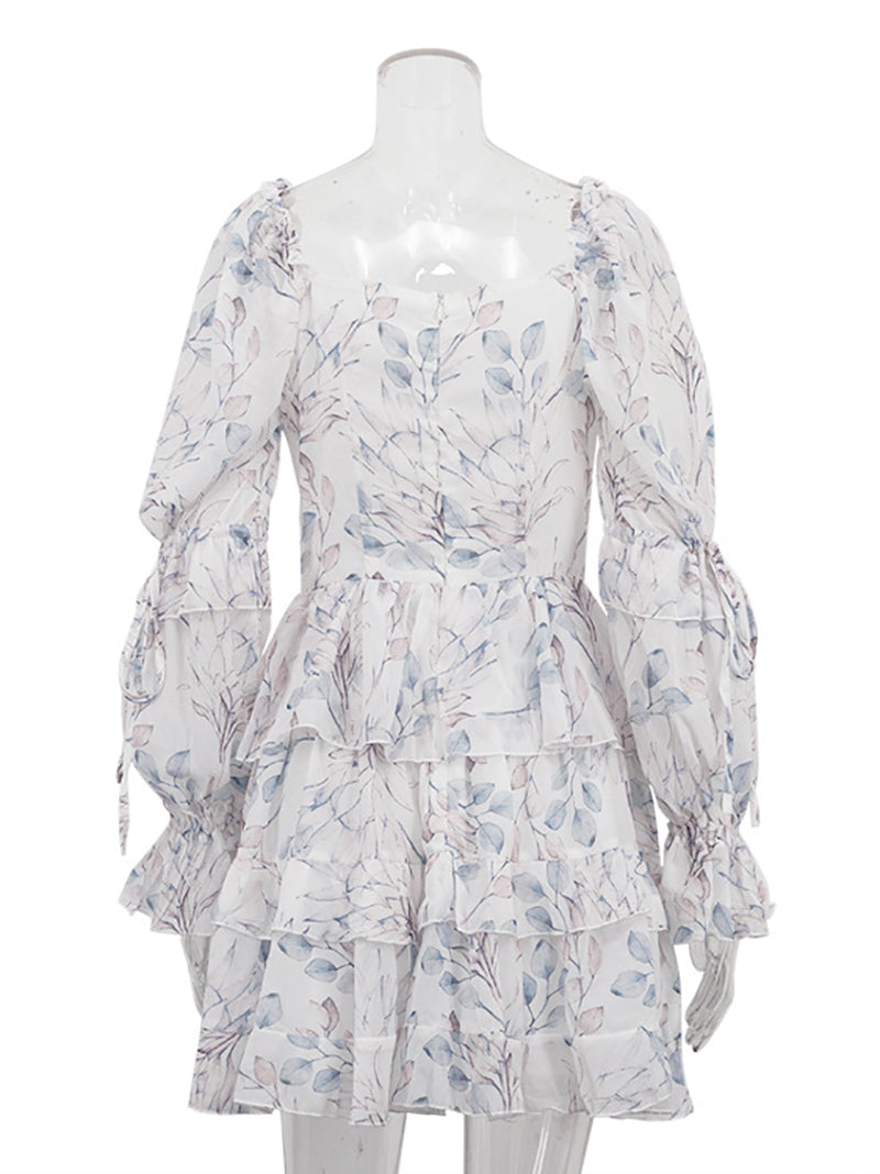 Elegant Square Collar Print Lace-up Tiered Dress