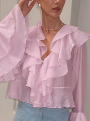 Elegant Ruffle Neck Cardigan Flare Sleeve Shirt