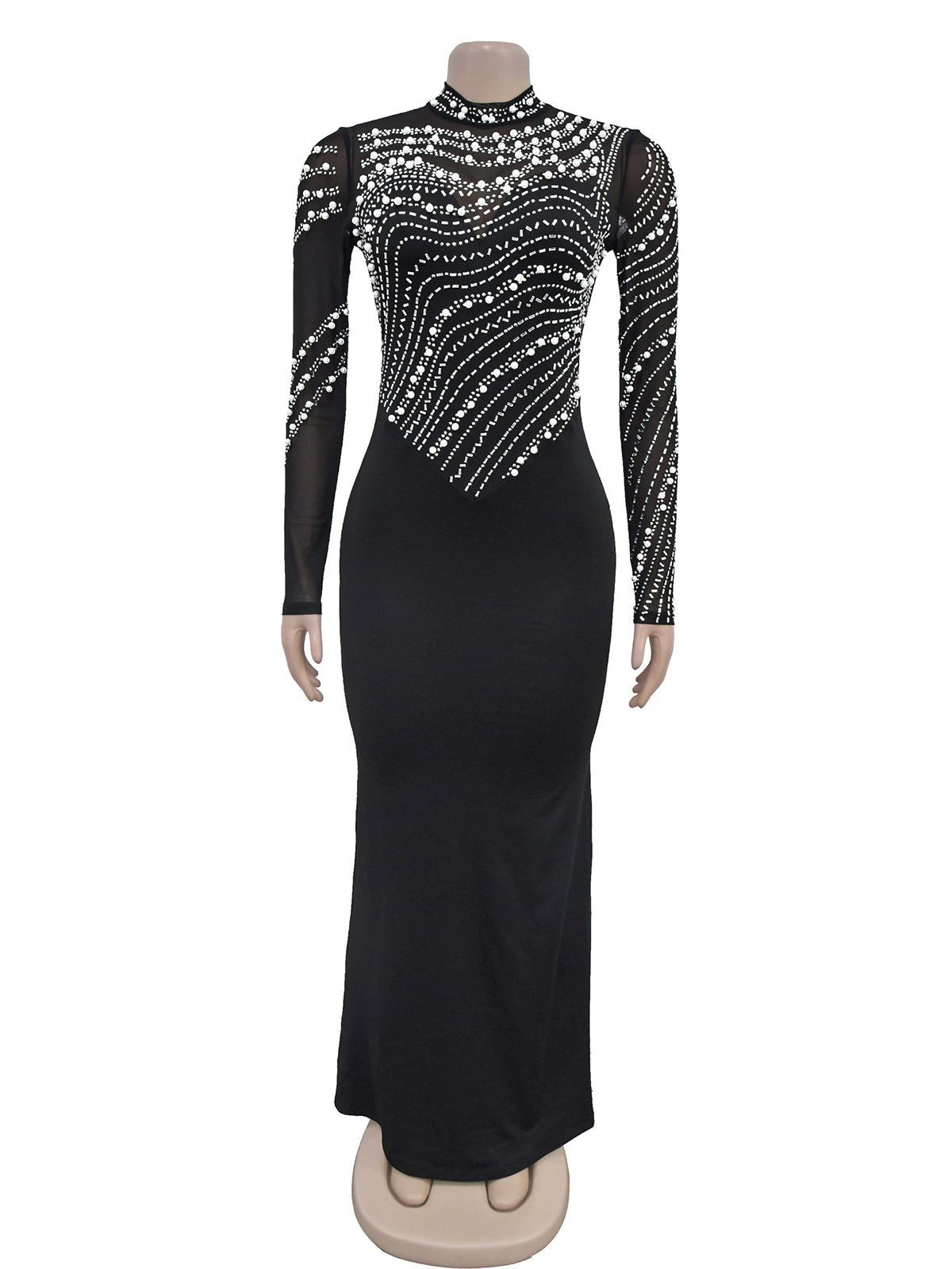 Rhinestone Mesh Patchwork Long Sleeve Maxi Dress