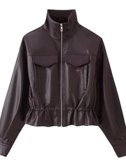 Stand Collar Faux Leather Moto Jacket -botique