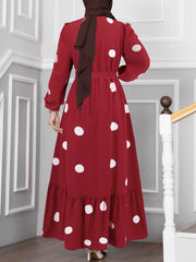 Casual Polka Dot Print Long Sleeve Ruffle Hem Dress