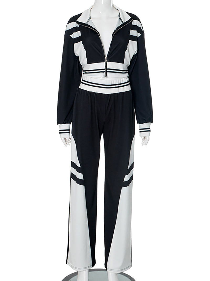 Colorblock Striped Trim Zipper Top And Pant Sets