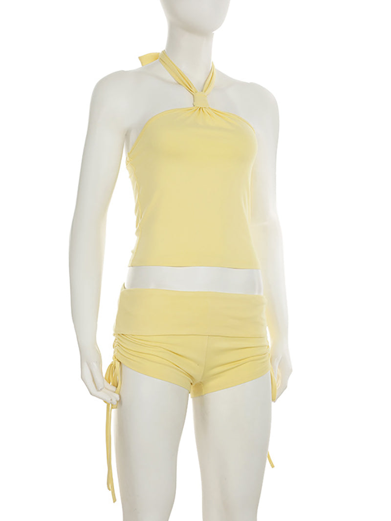 Sexy Halter Crop Top Side Drawstring Shorts Sets