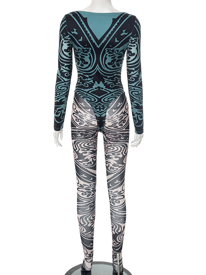 Sexy Sheer Mesh Print Bodysuit And Tight Pants Set