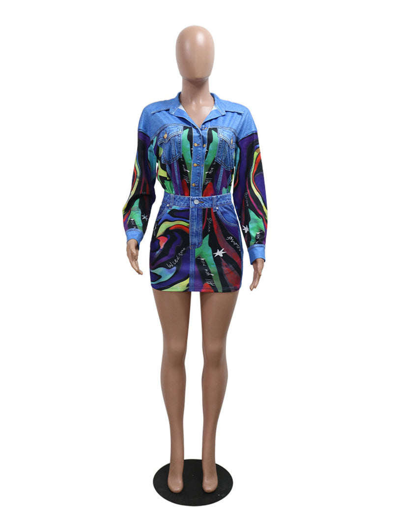 Fashion Print Shirt Bodycon Mini Skirts Two Piece Sets