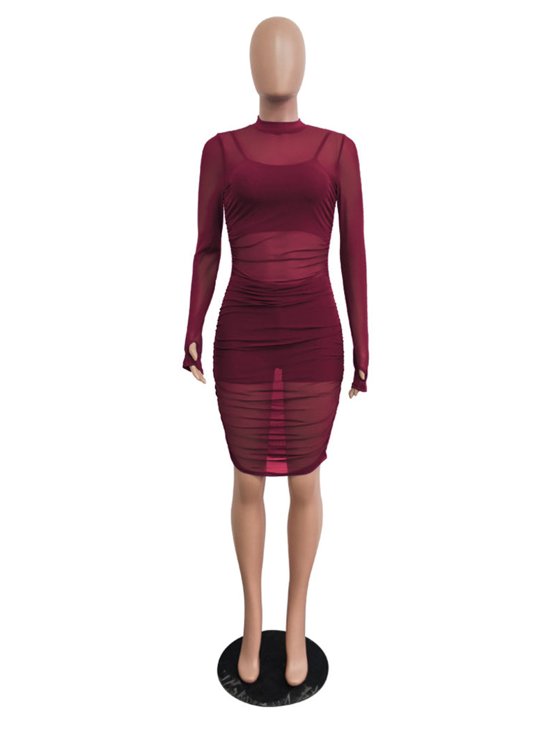 Sexy Sheer Mesh Ruched Bodycon Dress 3 Piece Sets