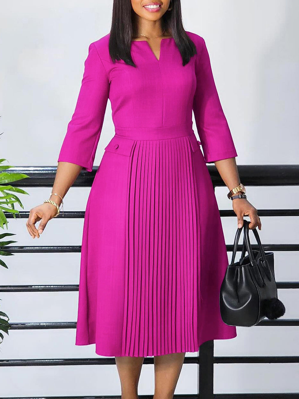 Elegant High Waist Pleated Midi Dress