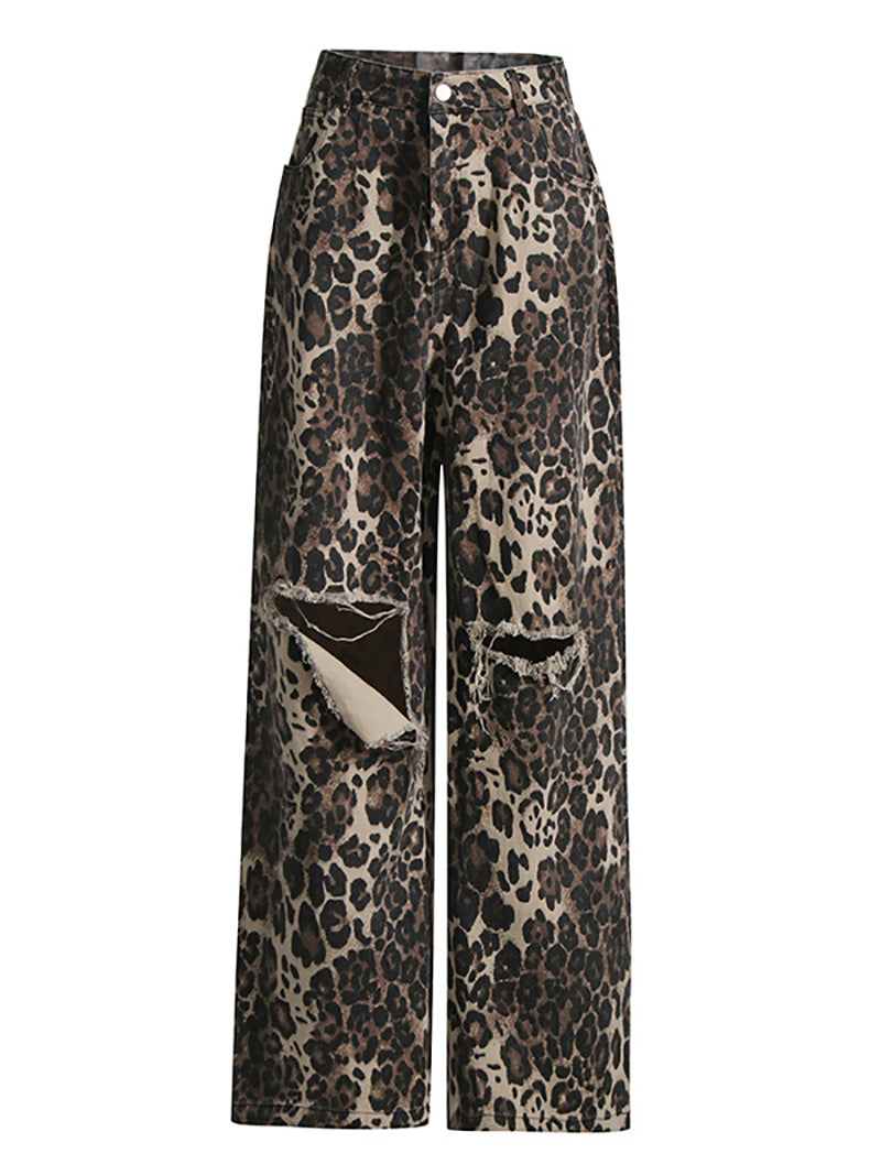 Fashion Leopard Print Ripped Straight Jeans