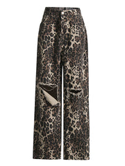 Fashion Leopard Print Ripped Straight Jeans