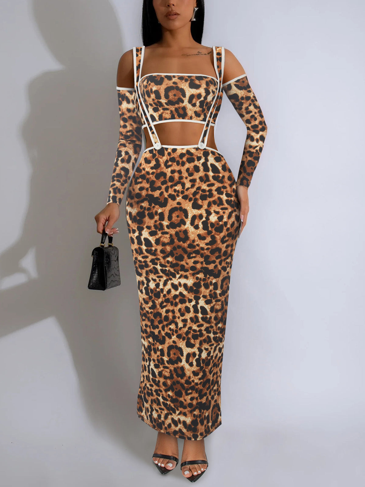 Sexy Slim Fit Leopard Print Two Piece Long Sleeve Dress