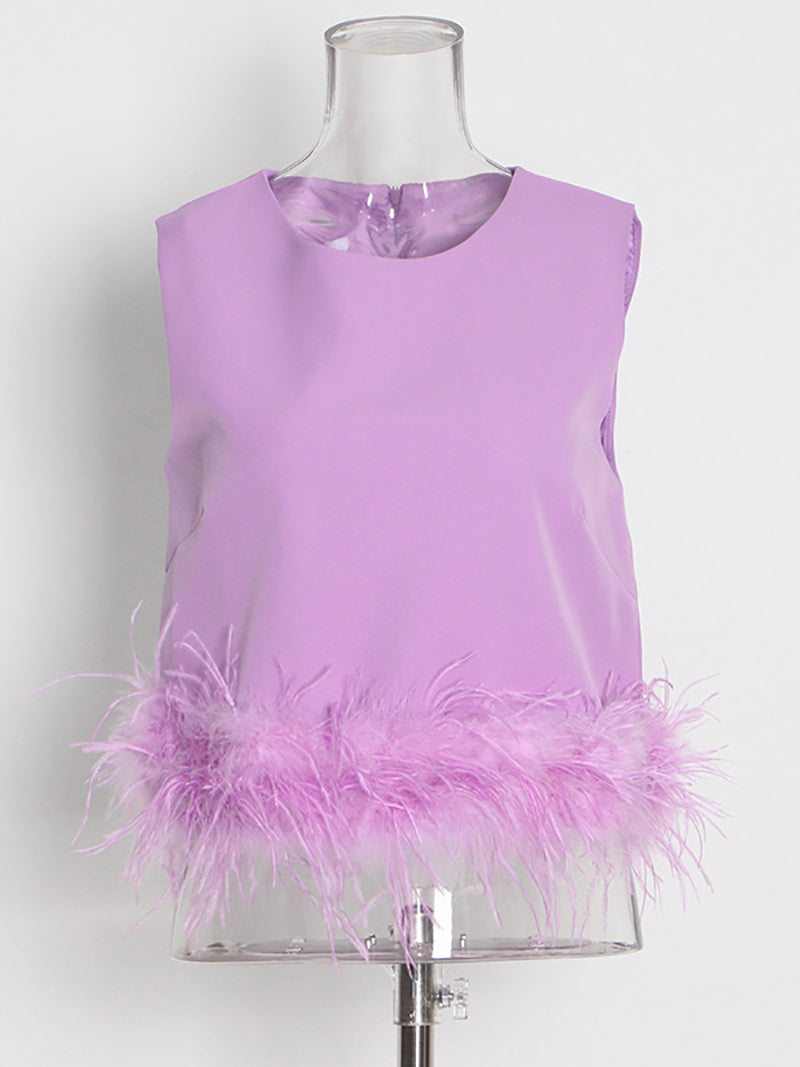 Fashion Round Collar Feather Cropped Vest Top