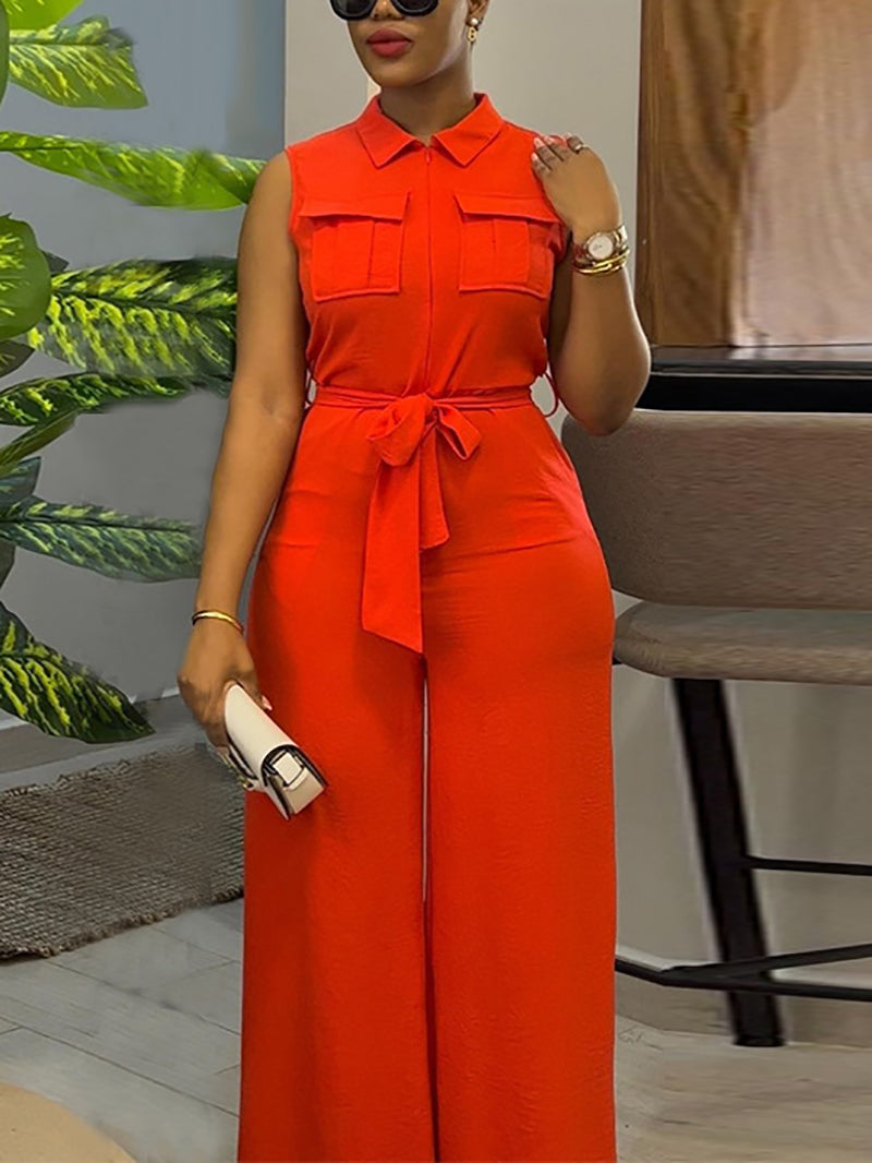 Solid Color Sleeveless Wide-leg Jumpsuit