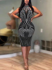 Rhinestones Backless Sheer Club Midi Dress