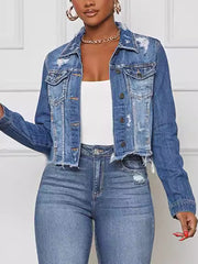 Casual Fringe Button Ripped Denim Jacket